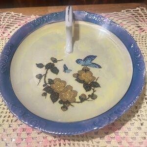 Vintage German Porcelain Tidbit Plate w/Handle | Butterfly Floral | 6”